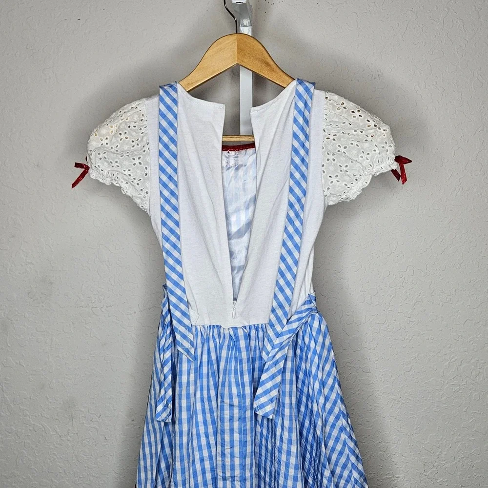 Wizard of Oz Dorothy Costume Dress Girls Medium Blue Gingham Eyelet Lace Spirit